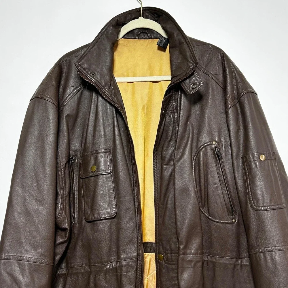VTG Spiegel Leather Safari Photographer Utility Jacket Brown Chore Mens XLT Tall
